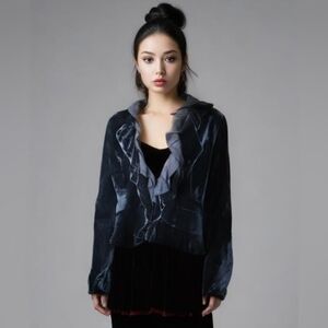 Women's Velvet Ruffle Collar Jacket - Dark Blue